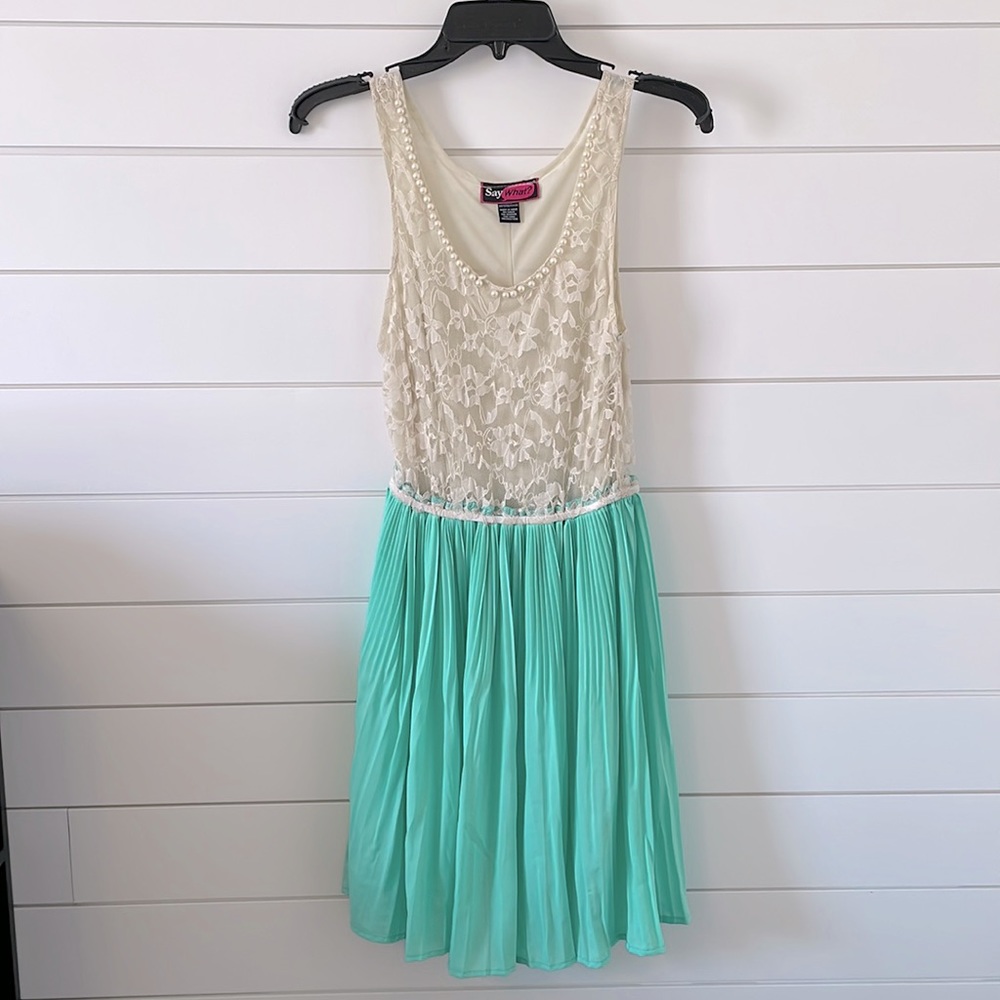Lace/Turquoise Pearl Neck Dress (Size Medium)
